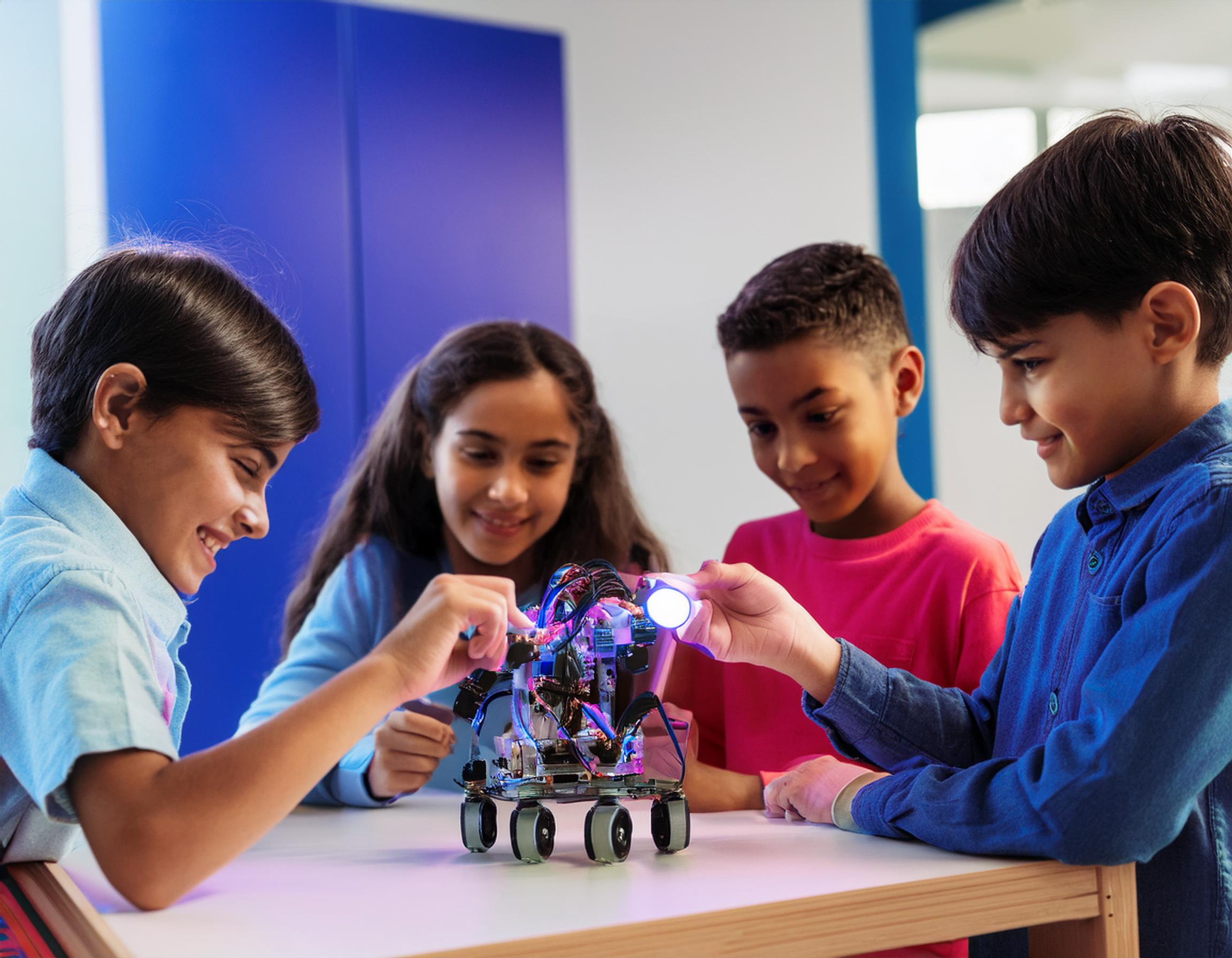 Niños en ambiente de laboratorio con un experimento de robótica buscando promover el pensamiento científico.