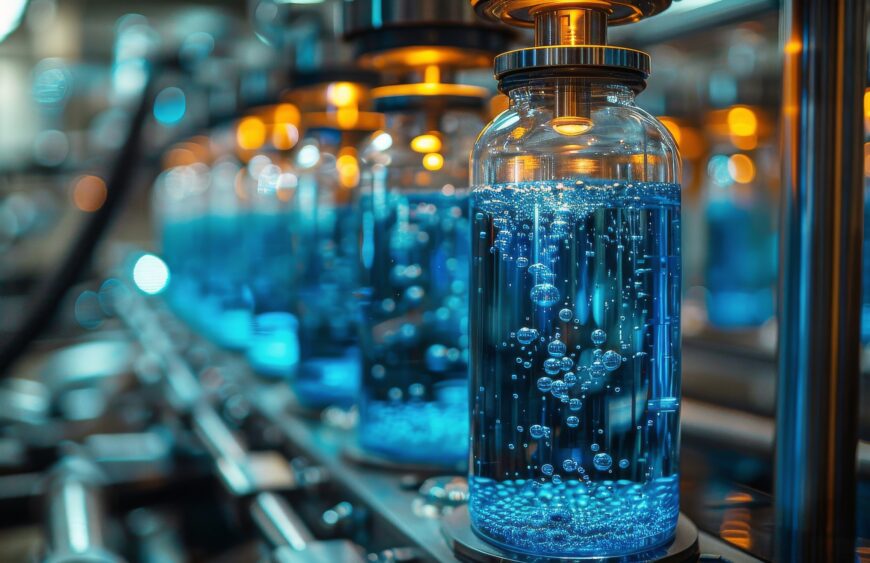 Row of blue vases on metal shelf. Photo by Yulia Gapeenko.