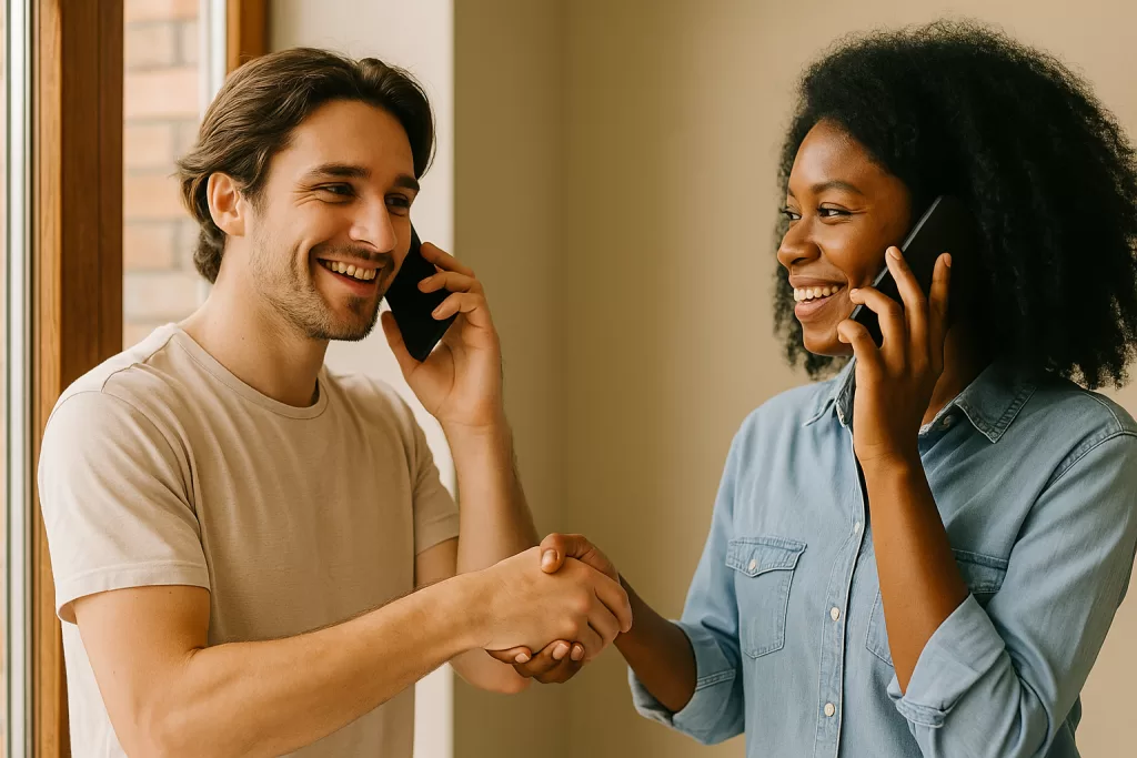 Dos personas hablando por teléfono y dándose la mano, representando una conexión comunicativa efectiva en un ambiente cálido e informal. Referencia a las funciones de la comunicación: Fática.