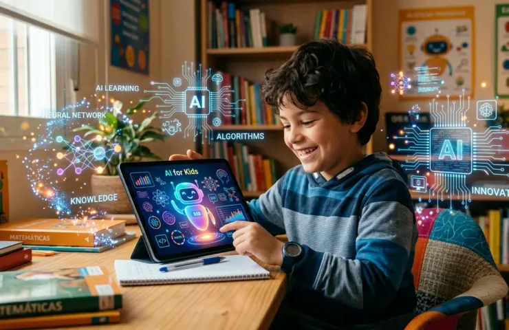 Niño aprendiendo inteligencia artificial para niños en casa con una tablet.