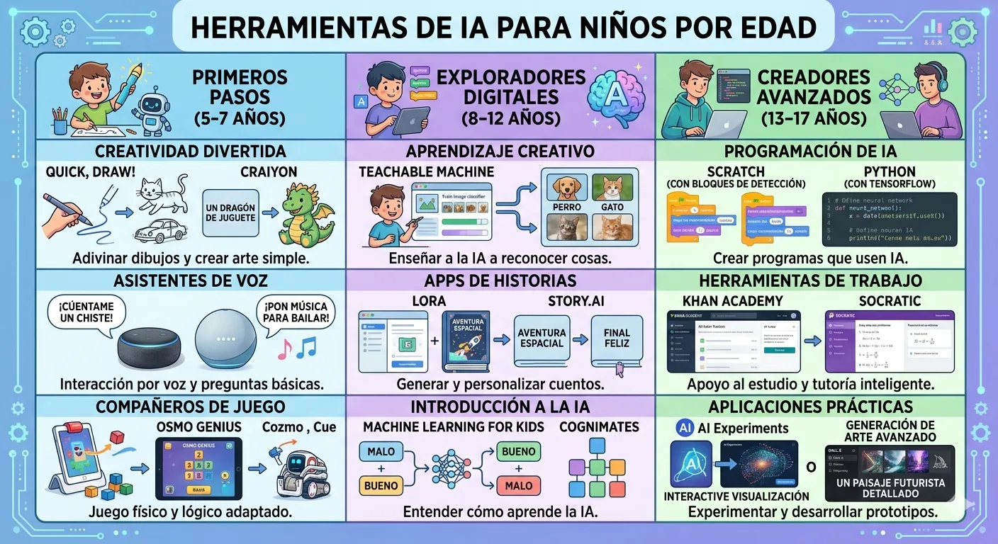 Tabla de herramientas de inteligencia artificial para niños organizadas por edad: 5-7, 8-12 y 13-17 años