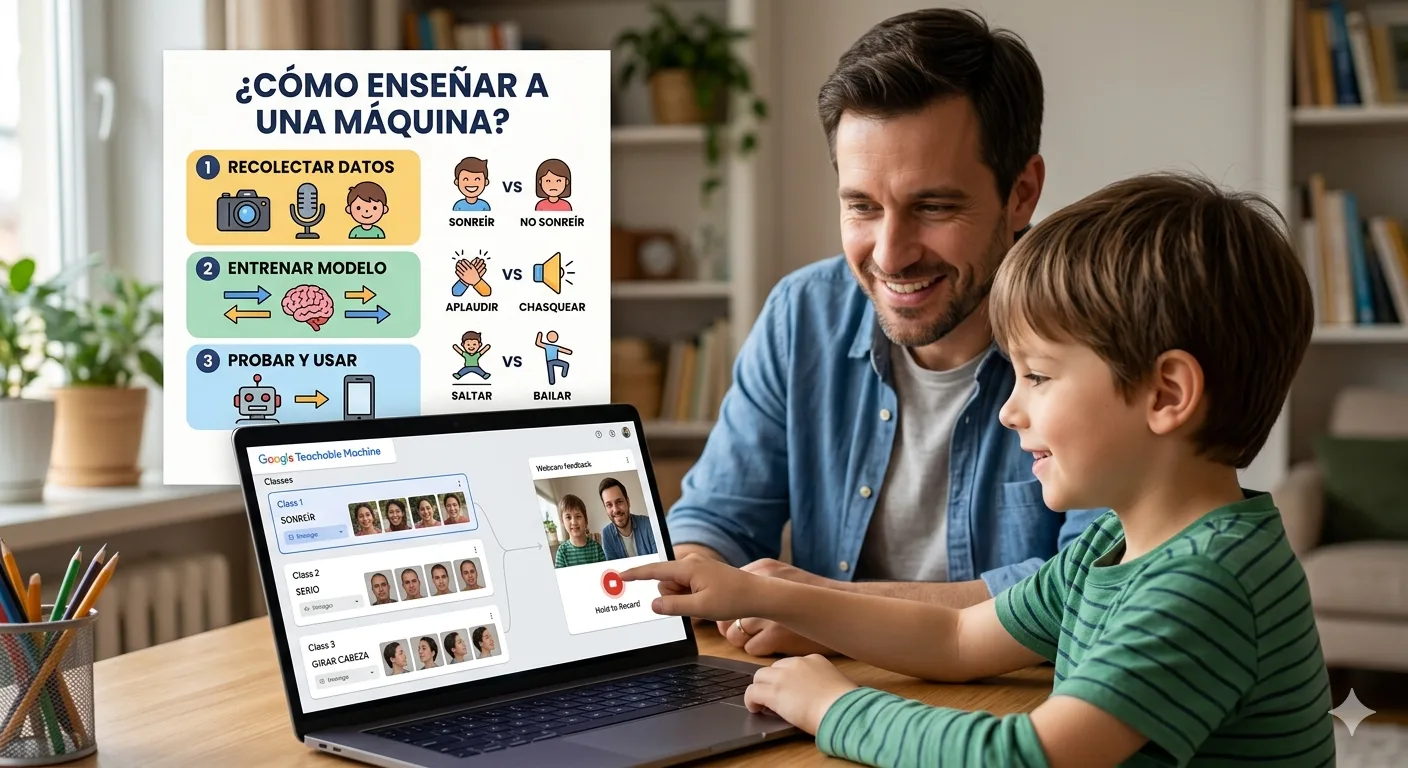 Padre e hijo realizando actividades de inteligencia artificial para niños en casa usando Teachable Machine