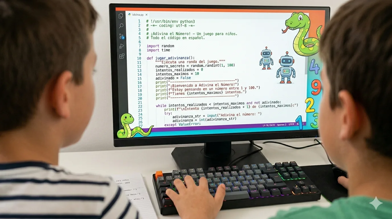 2 niños frente a la pantalla mientras programan el código de "adivina el número" en Python.