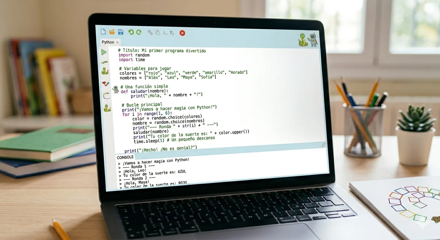 Ejemplo de código python para niños mostrando sintaxis simple en pantalla.