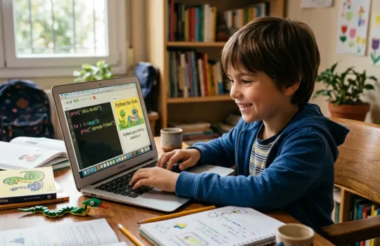 niño aprendiendo python para niños en una computadora en casa