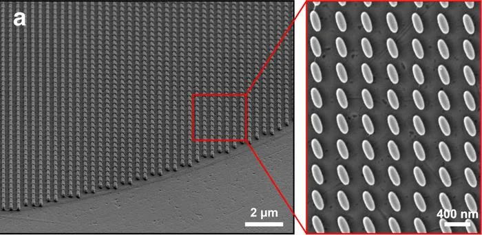 El panel izquierdo muestra el arreglo de nanopilares sobre vidrio; el panel derecho revela los nanopilares elípticos individuales que componen la metasuperficie.