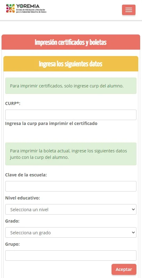 Pantalla del portal Yoremia de la SEC de Sonora con los campos para ingresar CURP, clave de escuela y nivel educativo al consultar calificaciones 2025-2026" Fuente: Comprobantes Digitales / Portal Yoremia