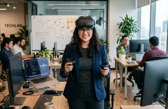 Persona en entorno laboral utilizando tecnología de realidad virtual.